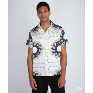 HERMANO SS Ram Cuban Shirt Ivory Button Up Short Sleeve‎ Menswear Pattern M